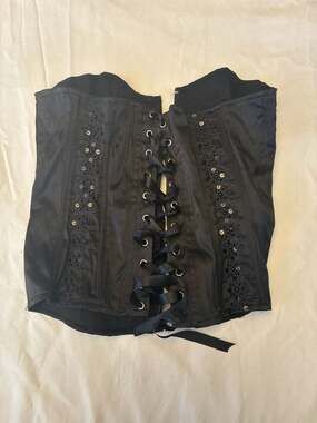 VTG Lydia Black Satin Embroidered Sequin Corset Top Lace Up Y2K Small